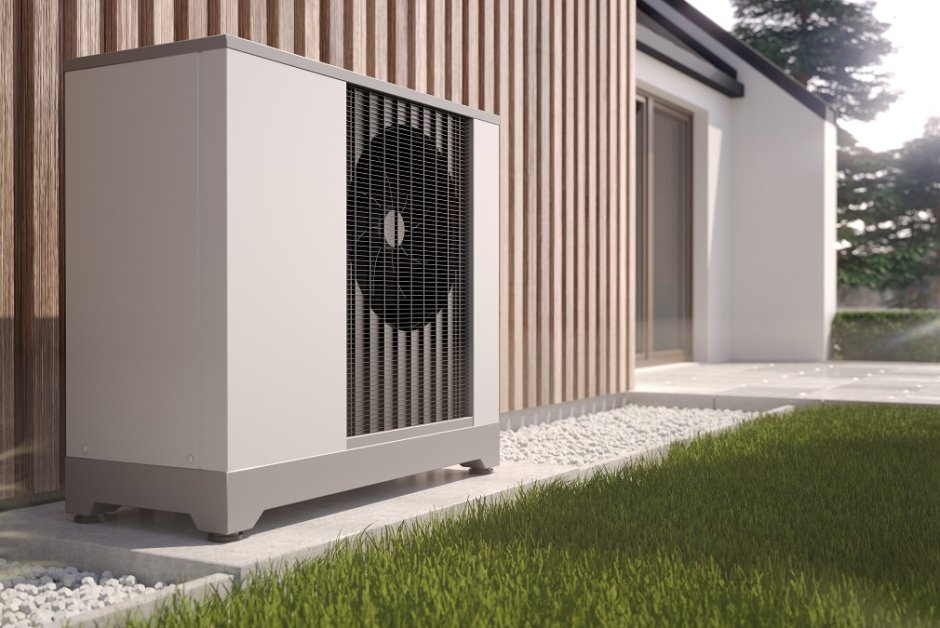 Air heat pump beside house, 3D illustration